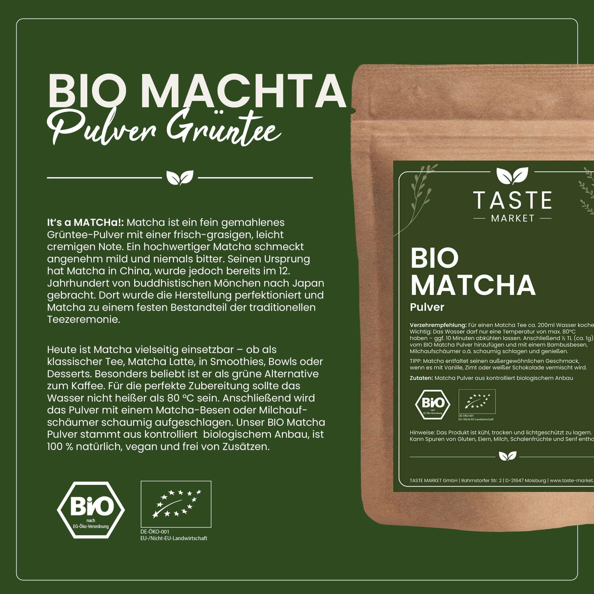 Papiertüte mit BIO Matcha Pulver, daneben Text über Matcha und Siegel.