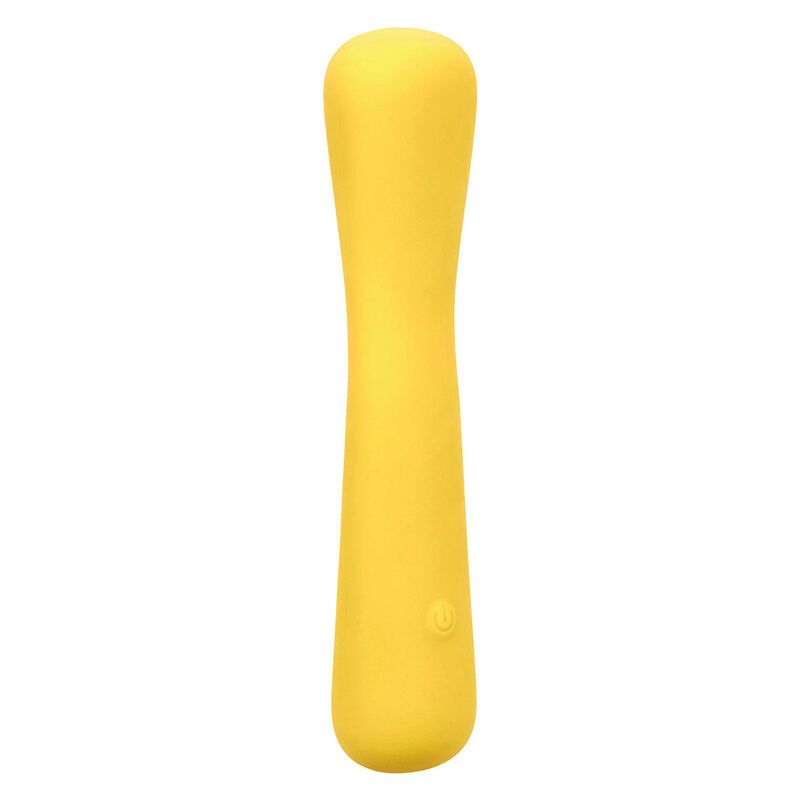 Gelbes, flexibles Massagegerät. Zylindrische Form mit abgerundeten Enden. Ein/Aus-Taste sichtbar.