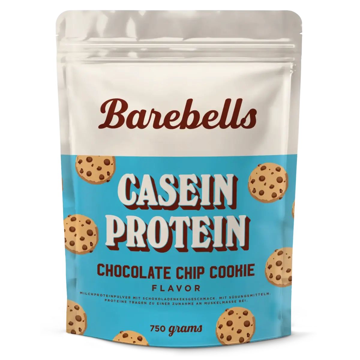 Beutel mit Casein Protein von Barebells. Aufschrift: Chocolate Chip Cookie Flavor. 750 Gramm. Abgebildet sind Kekse.