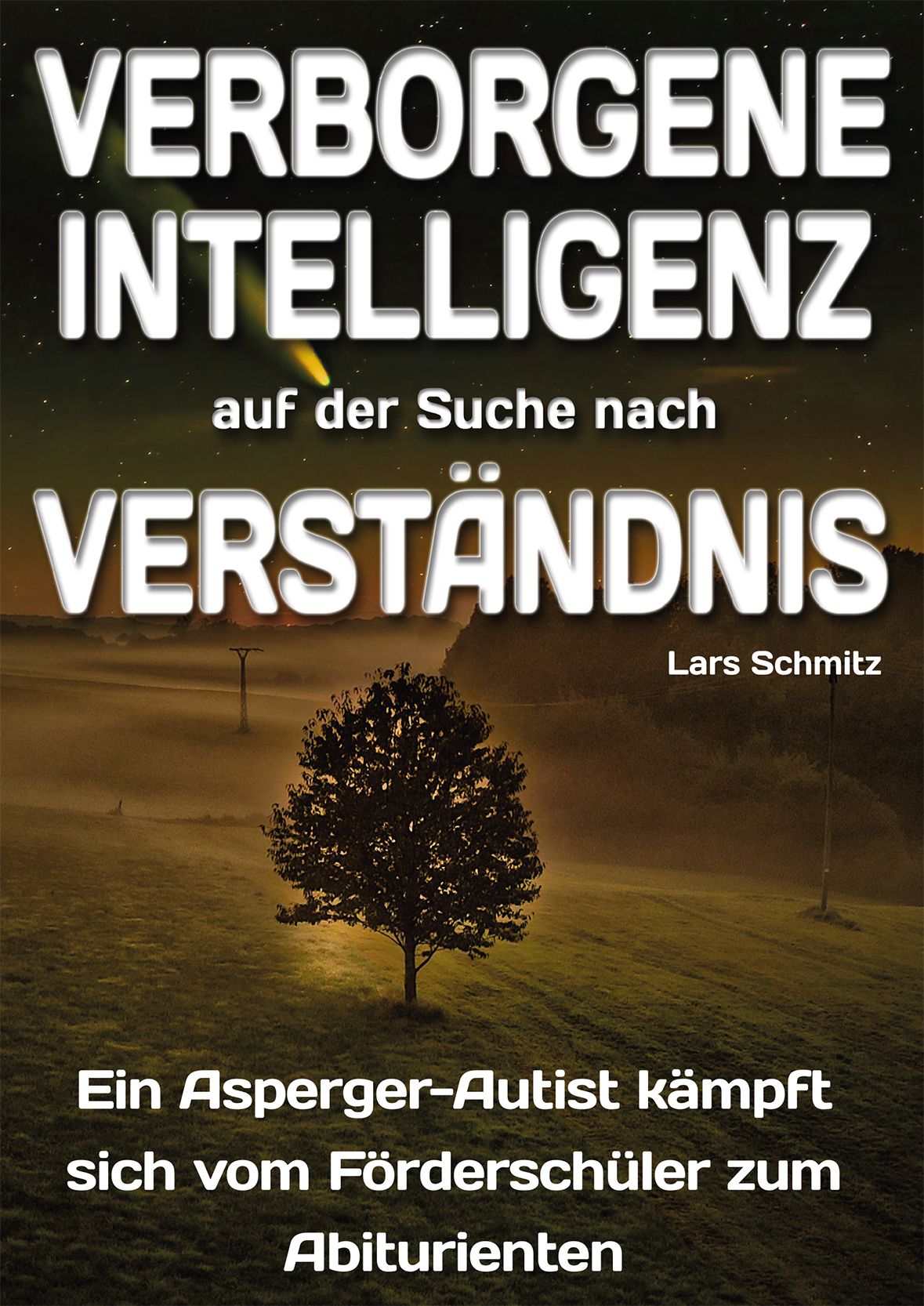 Buchcover mit Titel "Verborgene Intelligenz". Autor: Lars Schmitz. Baum-Illustration vor nebliger Landschaft. Text: "Ein Asperger-Autist..."