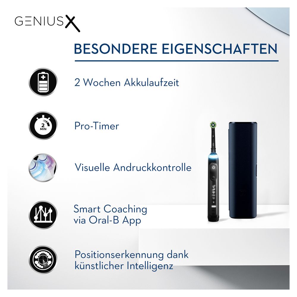 Infografik mit Icons und Text. Merkmale: 2 Wochen Akkulaufzeit, Pro-Timer, visuelle Andruckkontrolle, Smart Coaching, Positionserkennung.