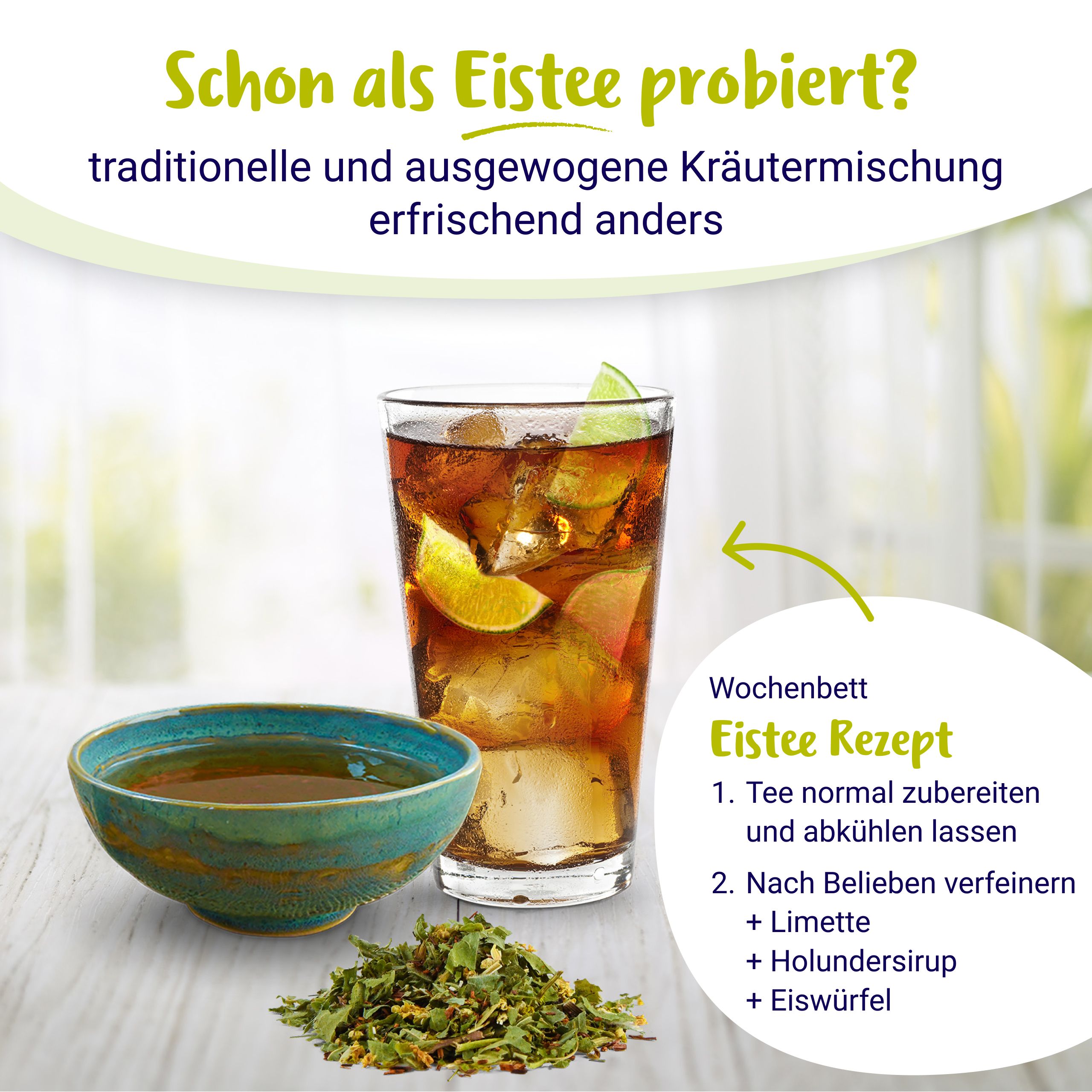 PregniVital Wochenbett Tee als Eistee zubereitet mit Zitrone, Limette und Eiswürfeln.