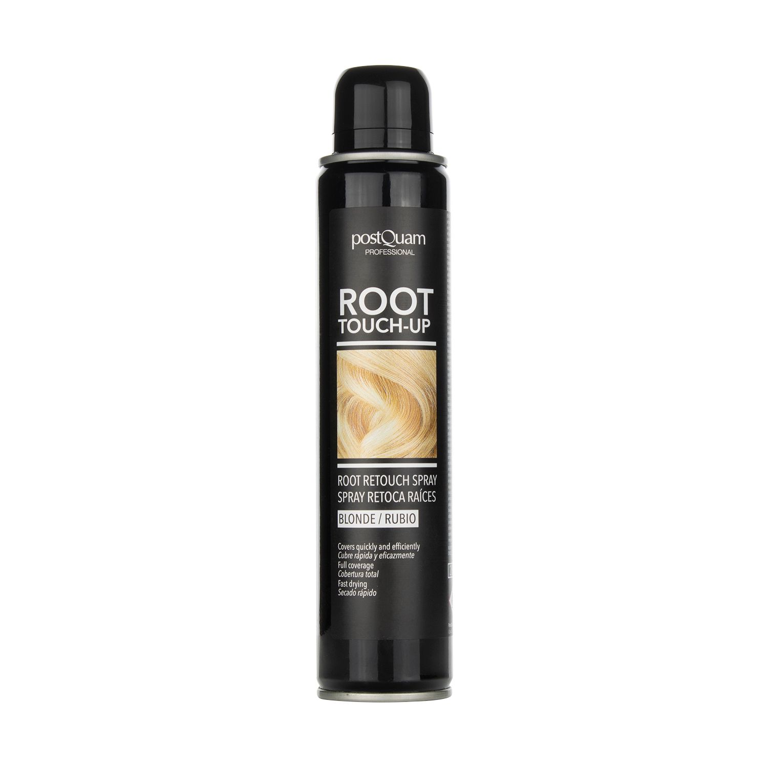 Schwarze Sprühdose mit "PostQuam" und "ROOT TOUCH-UP" Schriftzug. Blondes Haar-Beispiel. "BLONDE/RUBIO" Text.
