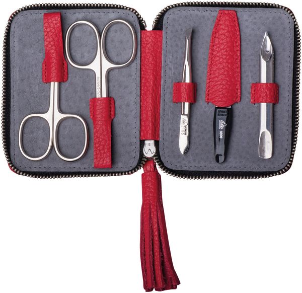 Rotes Maniküre-Etui mit 5 Teilen: Schere, Pinzette, Nagelhautschieber, Nagelfeile und Nagelknipser.