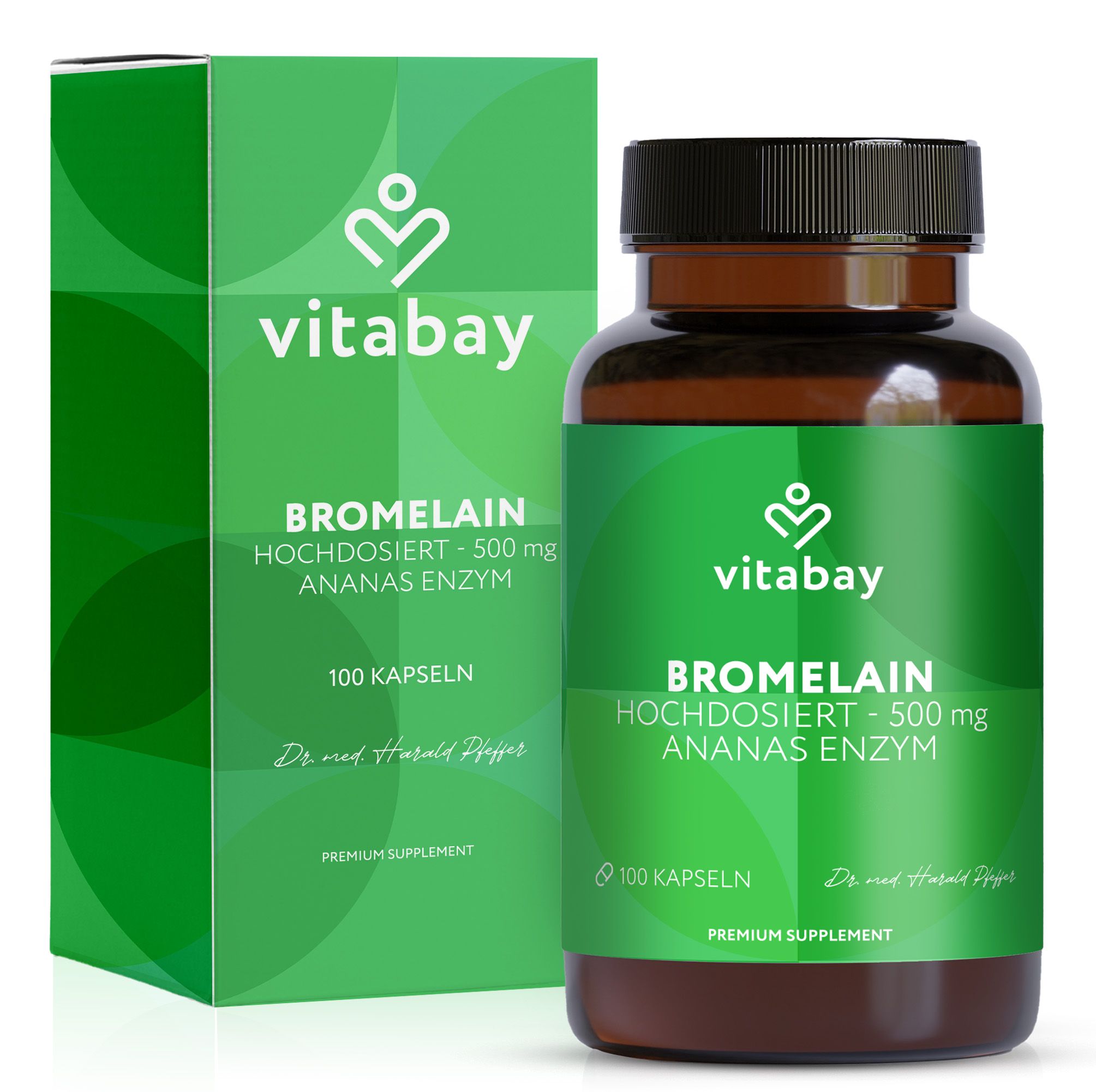 Grüne Schachtel und braune Flasche: Bromelain 500mg, 100 Kapseln. Vitabay Logo. Text: Premium Supplement.