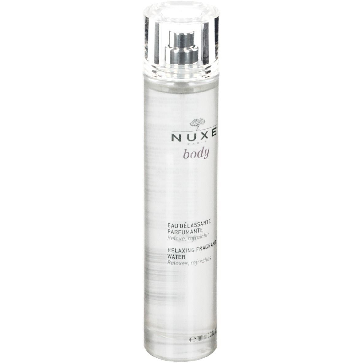 NUXE body Duftspray. Transparente Flasche mit Zerstäuber. Aufschrift: NUXE body, Eau Délassante Parfumante, Relaxing fragrant water.