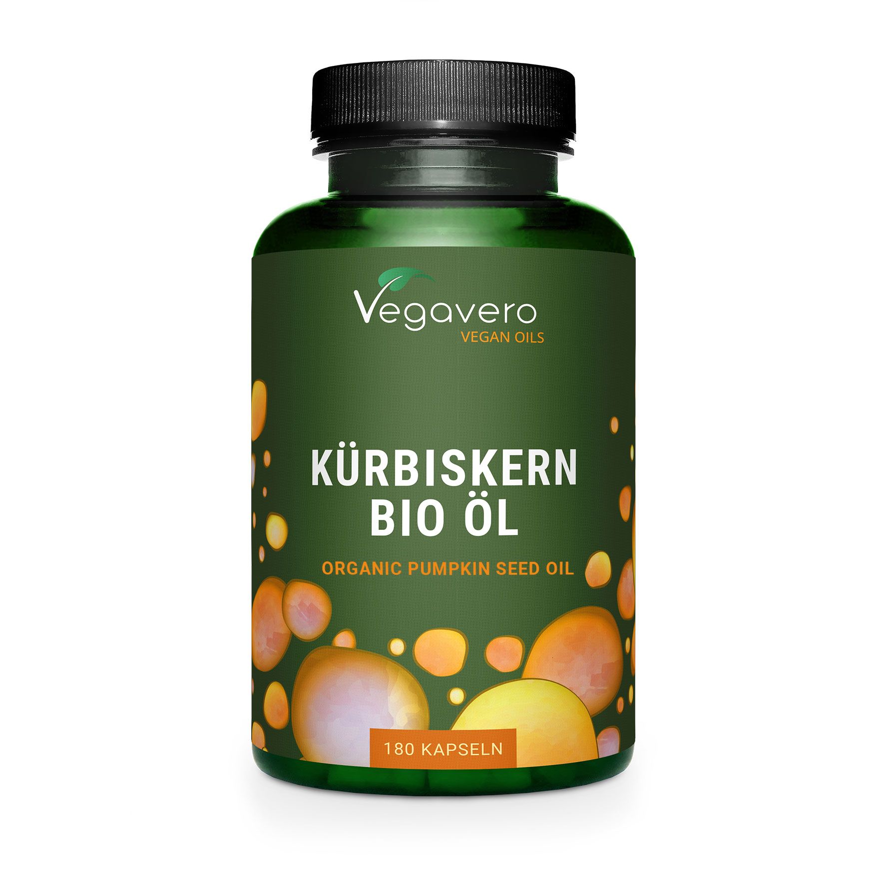Grüne Flasche mit schwarzen Deckel. Aufschrift: Kürbiskern BIO Öl. 180 Kapseln. Vegavaro Logo.