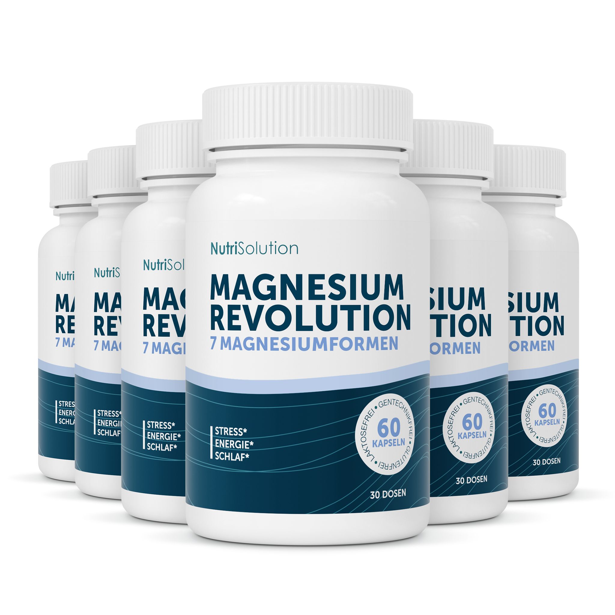Sechs Flaschen NutriSolution Magnesium Revolution, 60 Kapseln pro Flasche.