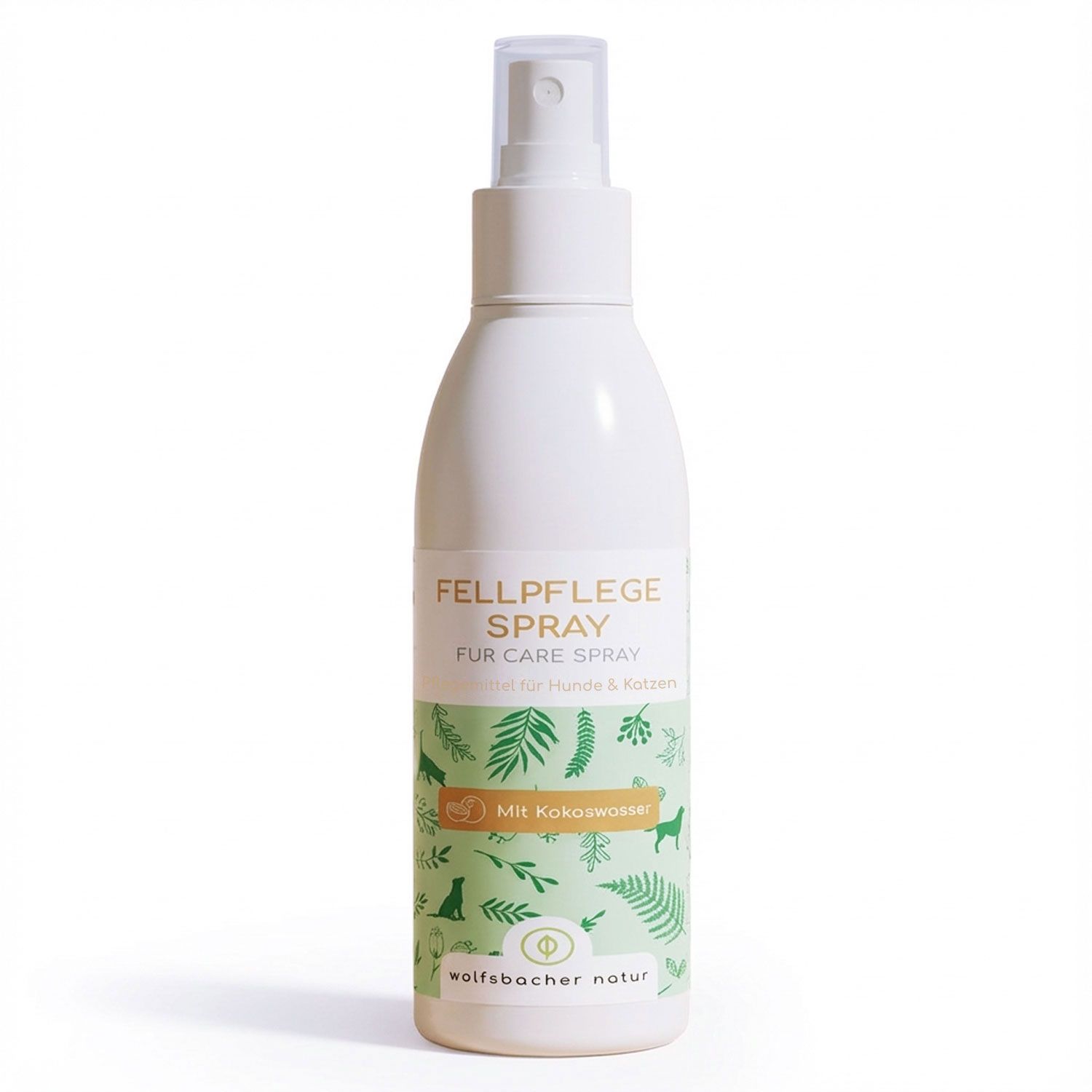 Weiße Sprühflasche mit grünem Etikett. Text: Fellpflege Spray, Fur Care Spray, für Hunde & Katzen. Mit Kokoswasser. Marke: Wolfsbacher Natur.