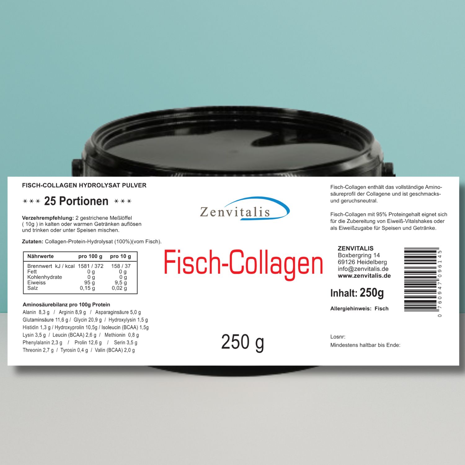 Schwarzer Eimer mit Aufkleber. Text: "Zenvitalis Fisch-Collagen Hydrolysat Pulver 25 Portionen". Nährwertangaben und Inhaltsstoffe.