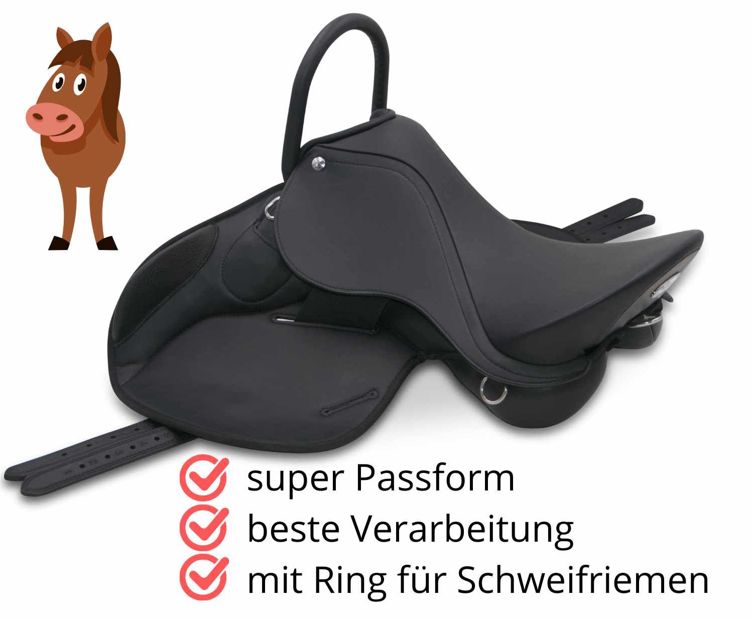 Schwarzer Reitsattel mit Haltegriff. Text: super Passform, beste Verarbeitung, mit Ring für Schweifriemen. Cartoon-Pferd.