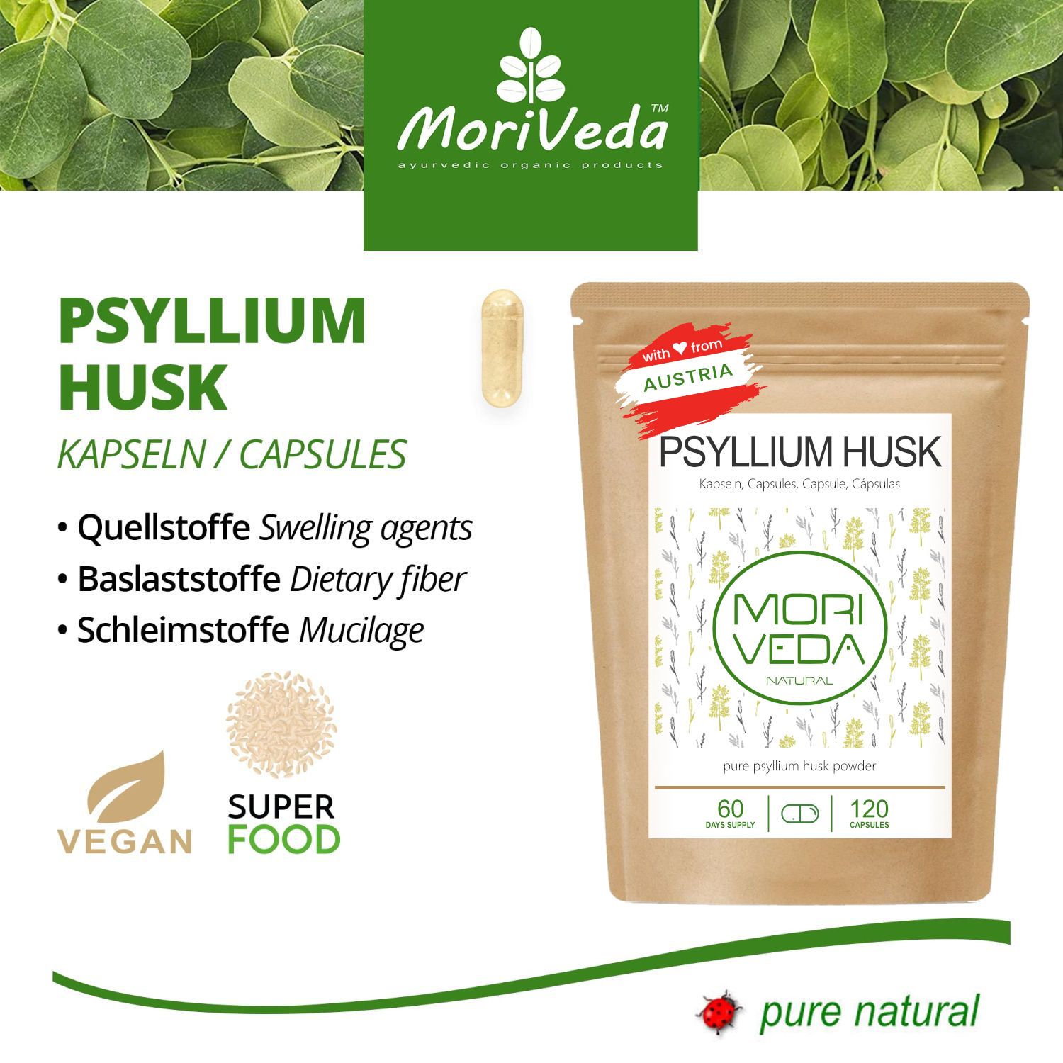 Psyllium Husk Kapseln in einem Beutel. Zusätzliche Informationen: Quellstoffe, Ballaststoffe, Schleimstoffe. Vegan-Siegel. Superfood. 60/120 Kapseln.