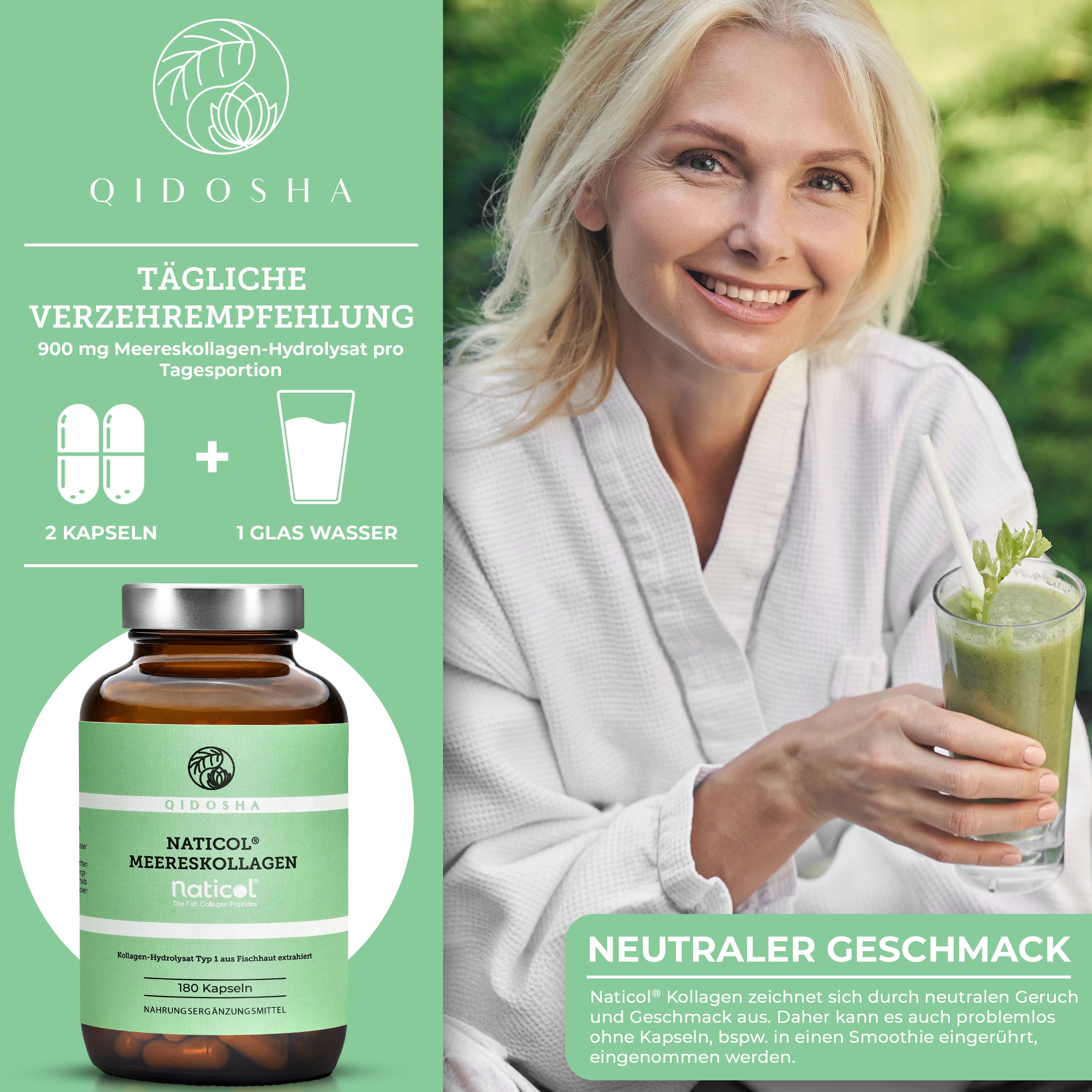 Braune Glasflasche mit grünem Etikett. Naticol Meereskollagen, 180 Kapseln. Frau mit Smoothie und Kapseln.