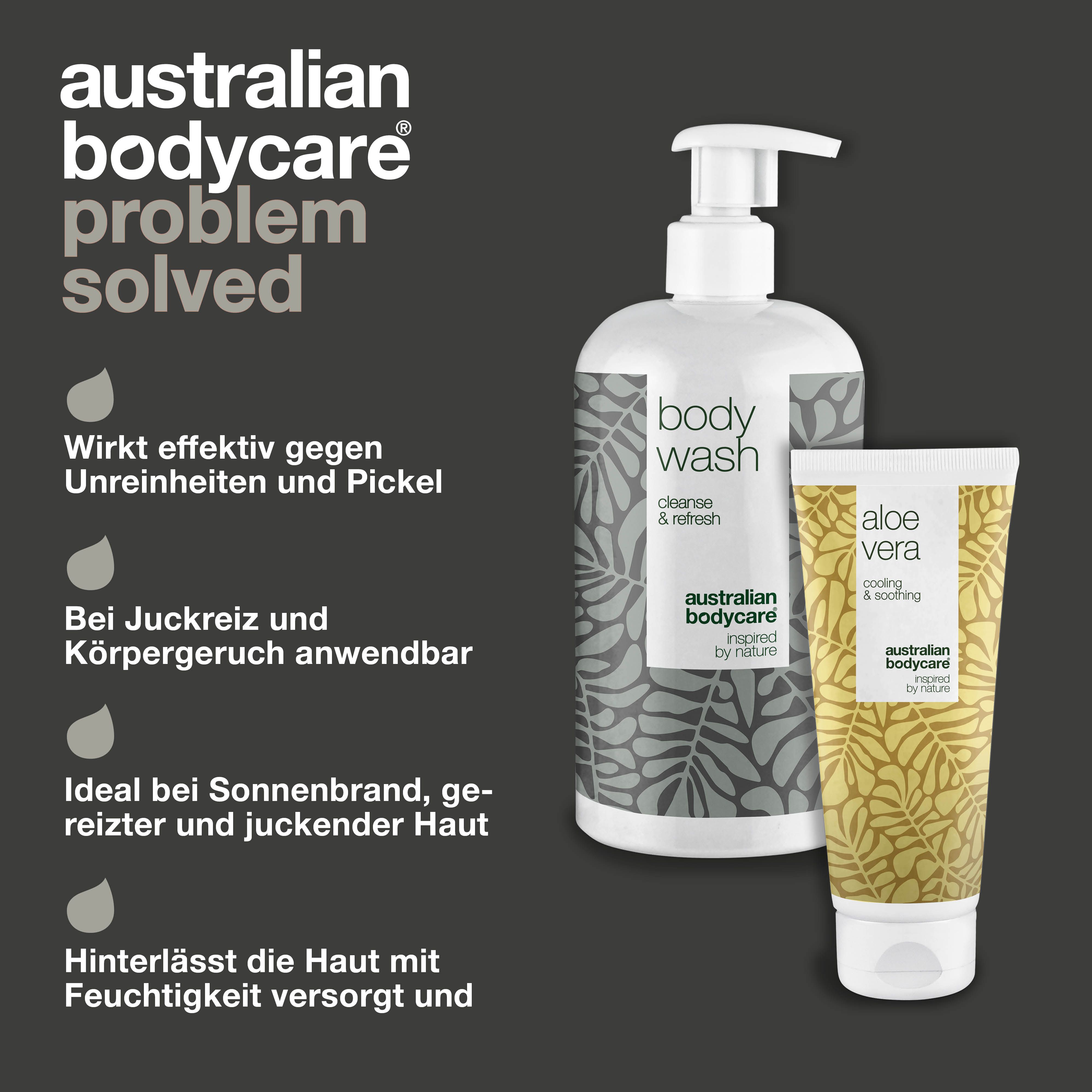 Body Wash und Aloe Vera Gel. Text: Wirkt effektiv gegen Unreinheiten und Pickel.