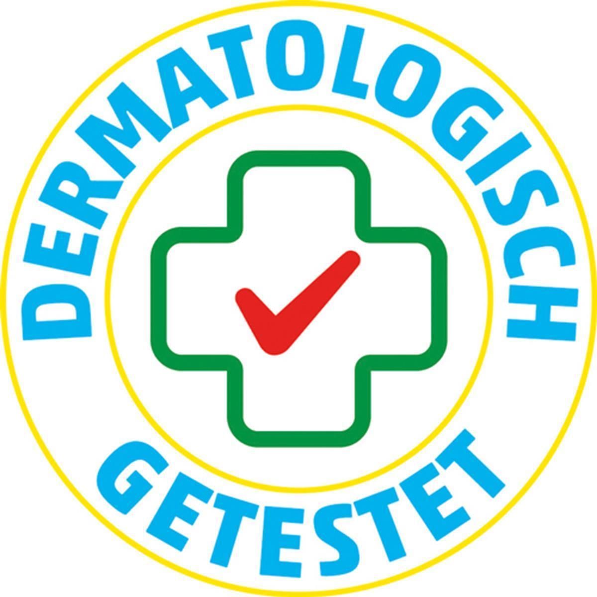 Rundes Logo mit Text: Dermatologisch getestet. Grünes Kreuz mit rotem Haken.
