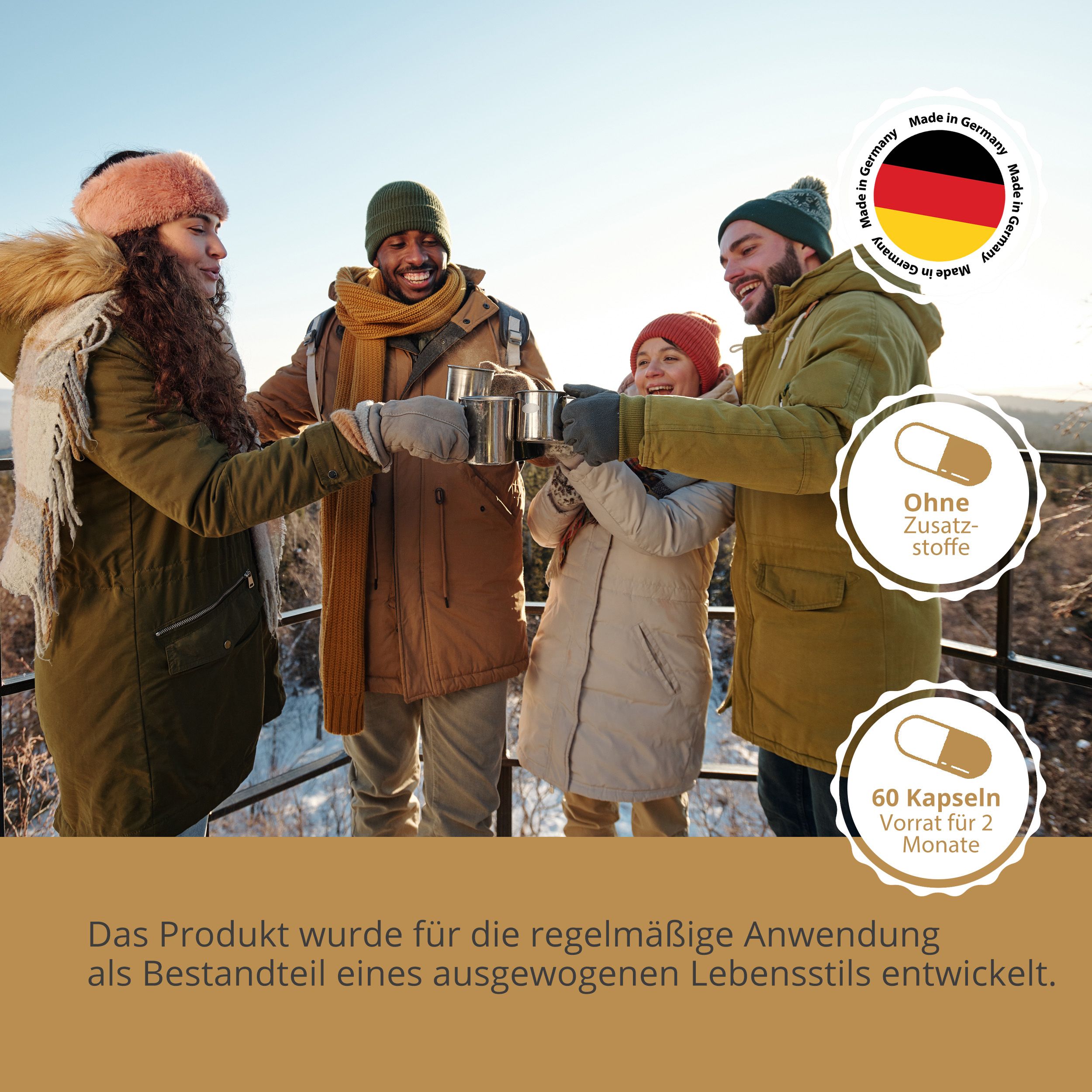 Gruppe von Menschen im Freien. Aufkleber mit „Made in Germany“, „Ohne Zusatzstoffe“ und „60 Kapseln“. Text.