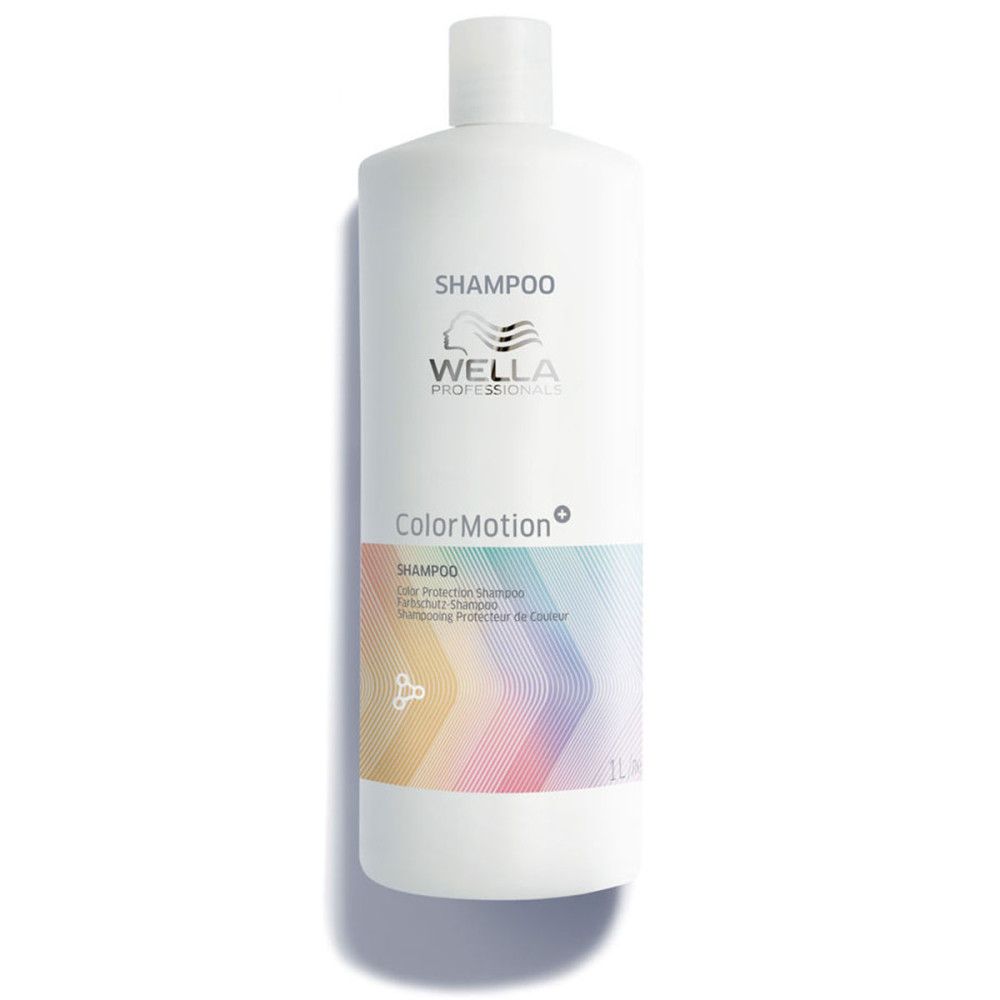 Weiße Shampoo-Flasche mit Farbverlauf-Etikett. Aufschrift: SHAMPOO, WELLA, ColorMotion. 1L.