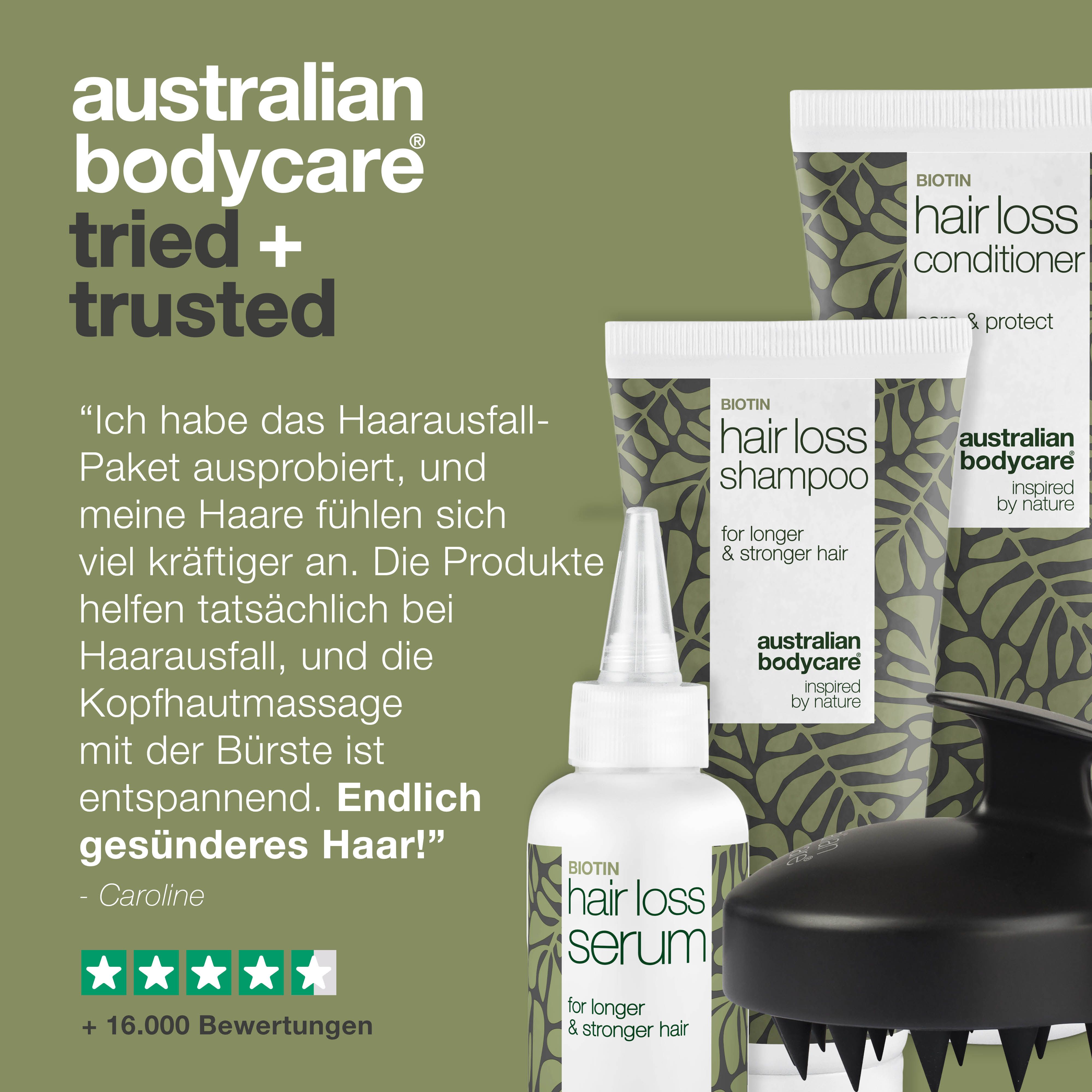 Haarausfall-Paket. Shampoo, Conditioner, Serum und Kopfhautbürste. Zitat: Caroline. 5 Sterne Bewertung.