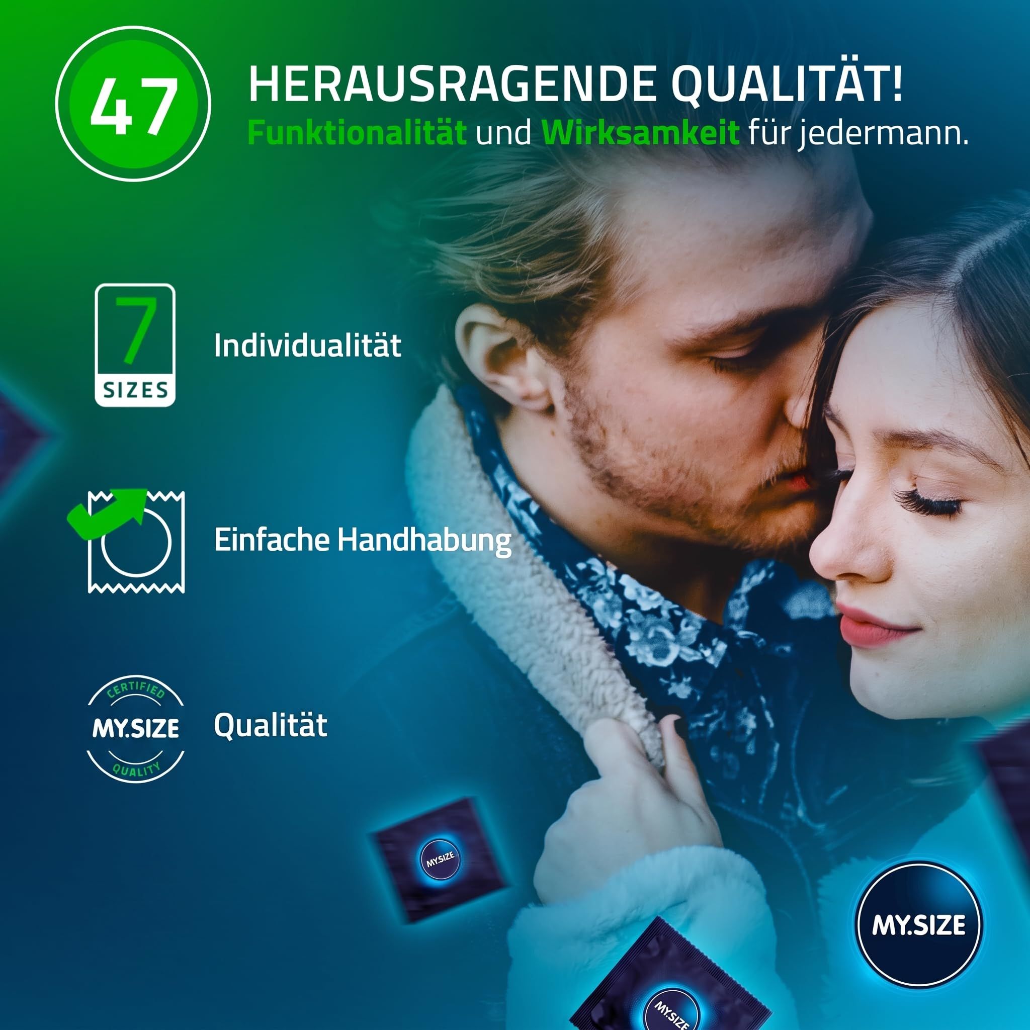 Paar umarmt sich. Links: 7 Größen, einfache Handhabung, MY.SIZE Qualitätssiegel. Unten: Einzelverpackungen.