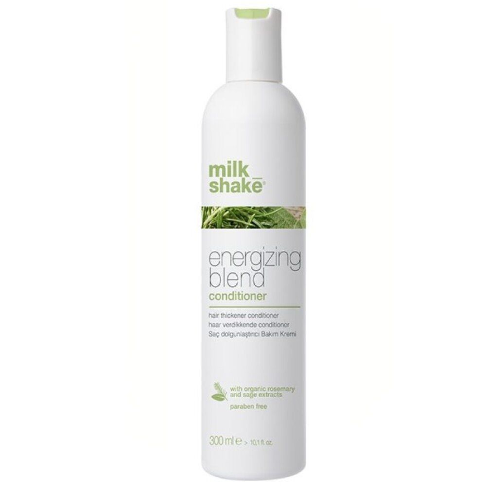 Weiße Flasche mit grünem Aufdruck. Aufschrift: milk_shake Energizing Blend Conditioner. Enthält Rosmarin- und Salbeiextrakte. 300 ml.