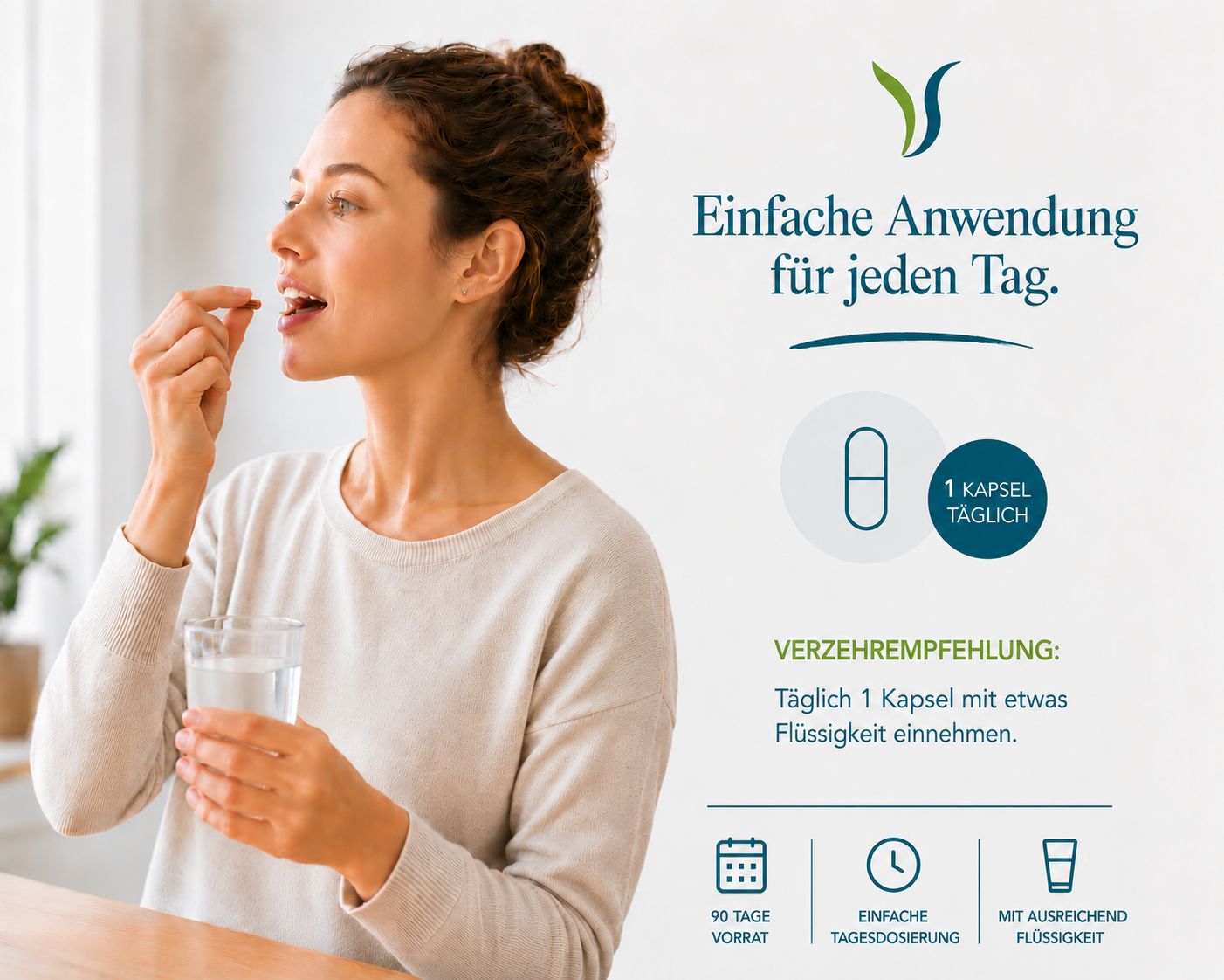 Frau nimmt eine Kapsel mit Wasser ein. Einfache Anwendung für jeden Tag.