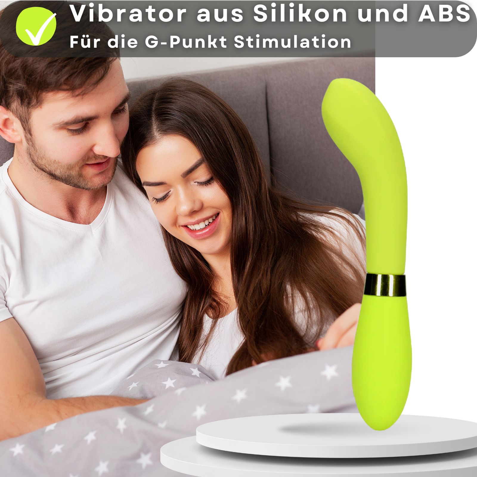 Hellgrüner Vibrator. Text: Silikon und ABS, für G-Punkt-Stimulation. Paar im Hintergrund.