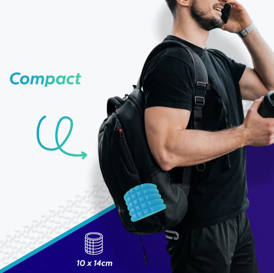 Blauer Faszienroller, 10x14 cm, an einem Rucksack befestigt. Mann mit Rucksack und Telefon. Text: Compact.