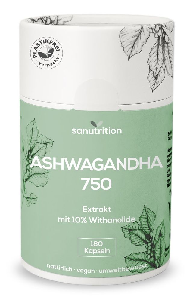Zylindrische Dose mit Sanutrition Ashwagandha 750. Grün-weiße Verpackung mit Produktnamen und Inhaltsangaben. "Plastikfrei verpackt"-Logo.