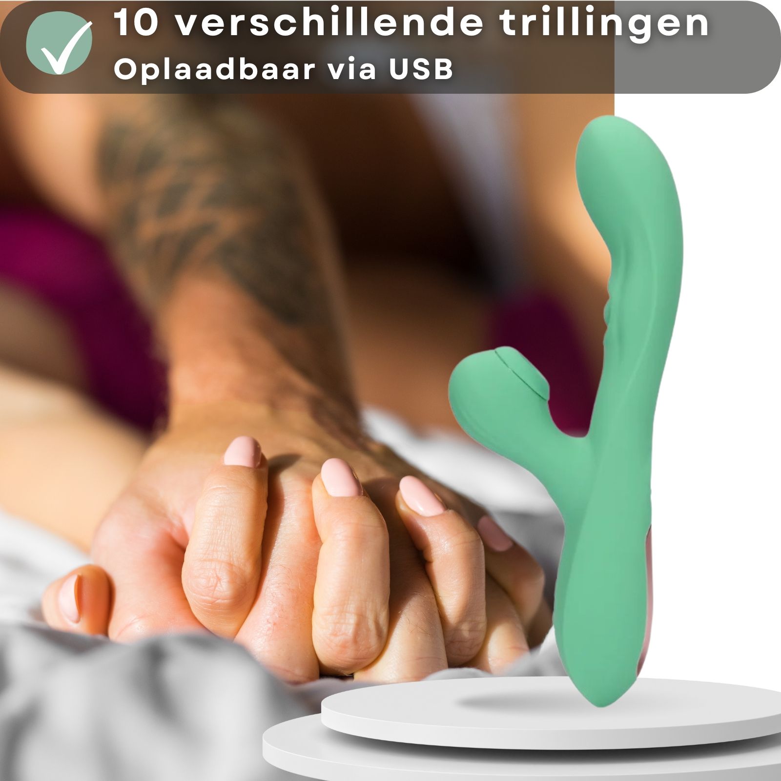Groene vibrator, naast handen. Tekst: 10 vibraties, USB oplaadbaar.