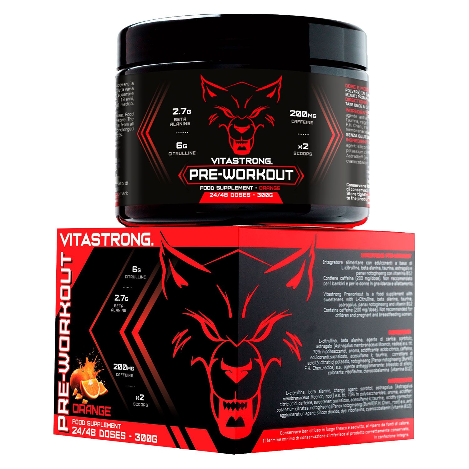 Dose Vitastrong Pre-Workout, Orange, 300g. Schwarze Dose mit rotem Wolf. Rote Verpackung mit Produktinformationen.