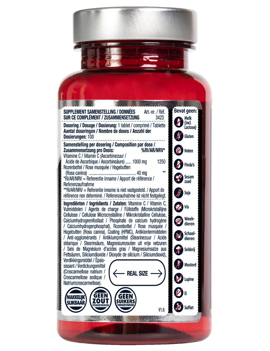 Rückseite einer roten Flasche. Enthält Informationen zu Inhaltsstoffen, Dosierung und Allergenen. Text in Deutsch, Französisch und Niederländisch.
