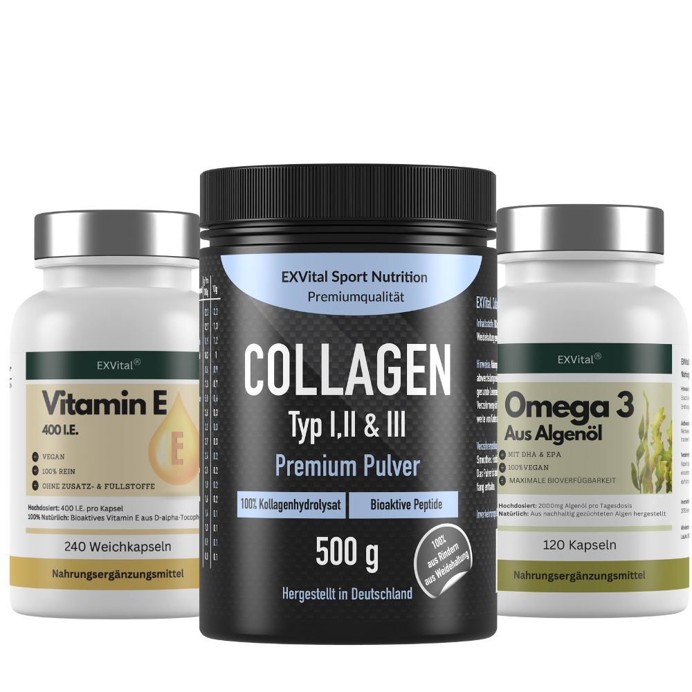 EXVital® Daily Nutrition Set (Collagen Pulver, Omega 3 & Vitamin E Kapseln) 740 g