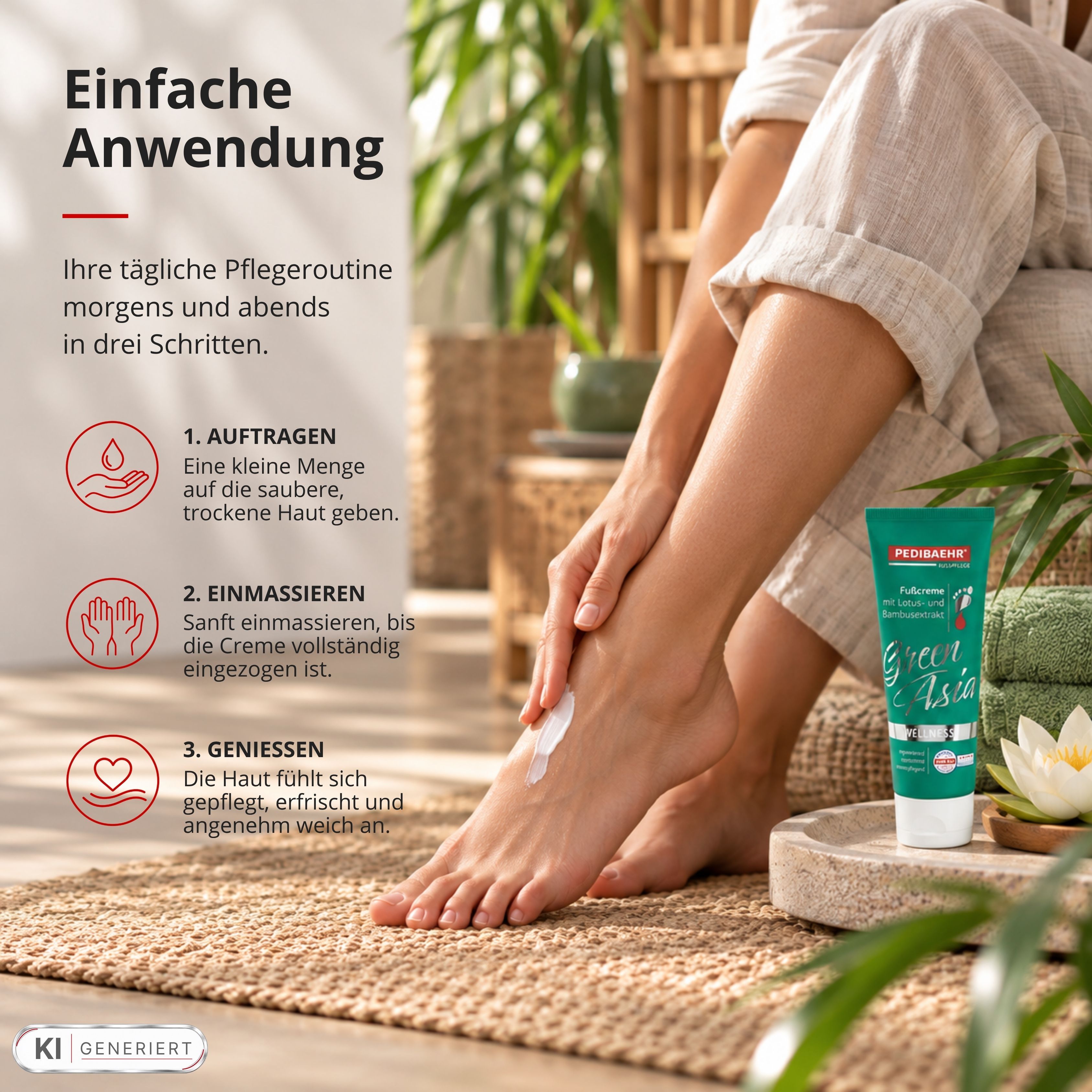Anwendung von Pedibaehr Fußcreme Green Asia: Auftragen, Einmassieren, Genießen.