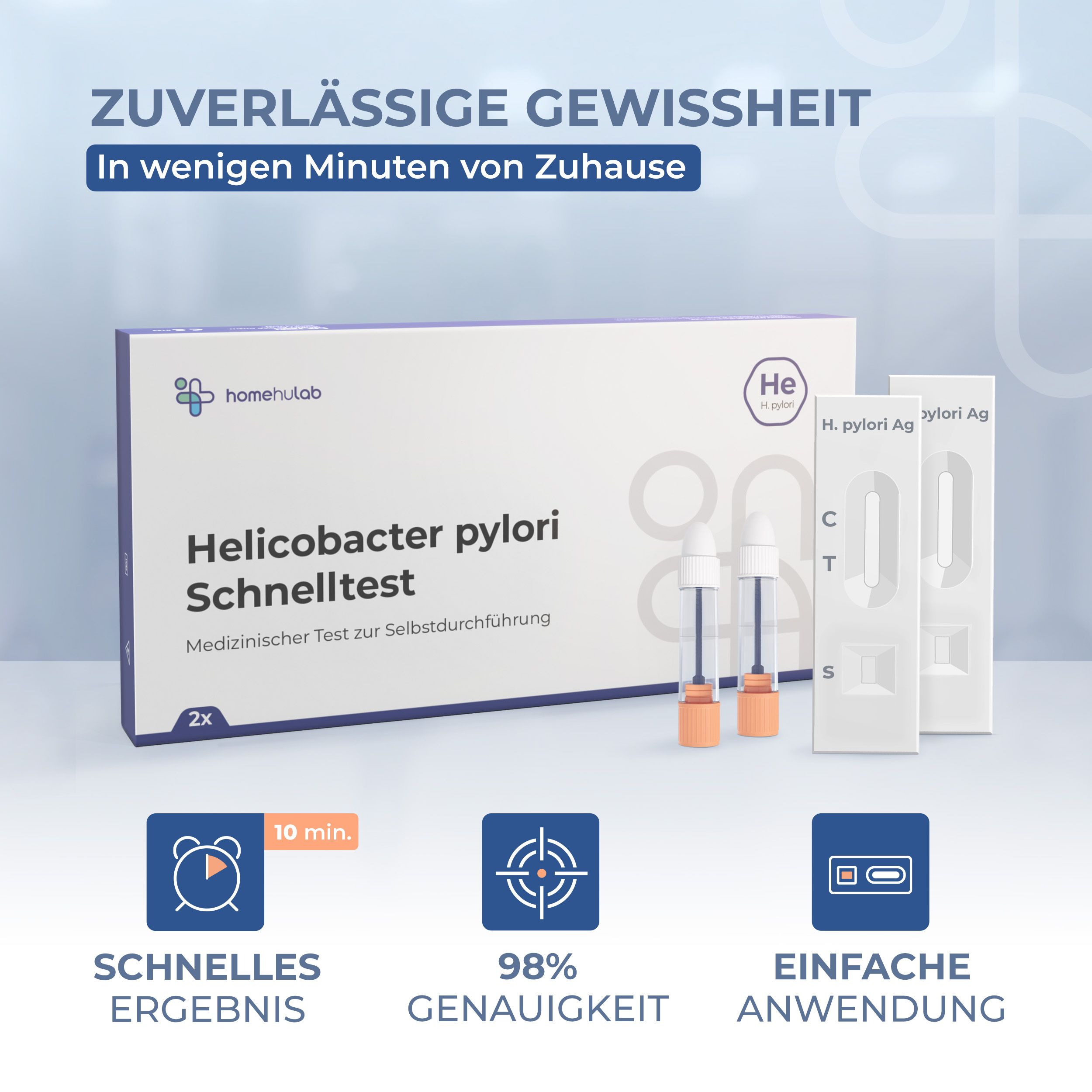 Testpackung mit Testkassetten, Röhrchen und Text: "Helicobacter pylori Schnelltest".