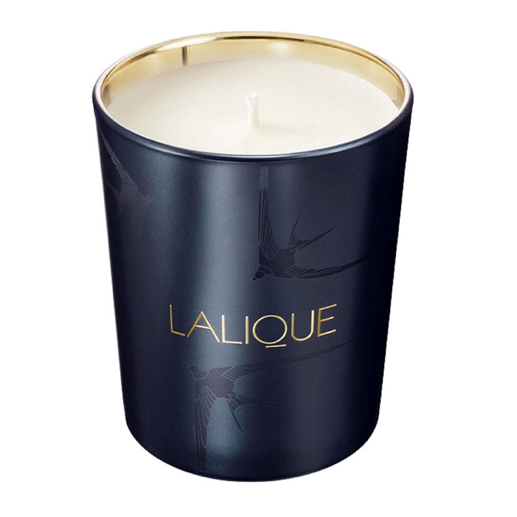 Blaue Kerze mit goldenem Rand. Goldfarbener Schriftzug: LALIQUE. Zwei Vogel-Silhouetten. Weiße Wachsoberfläche.
