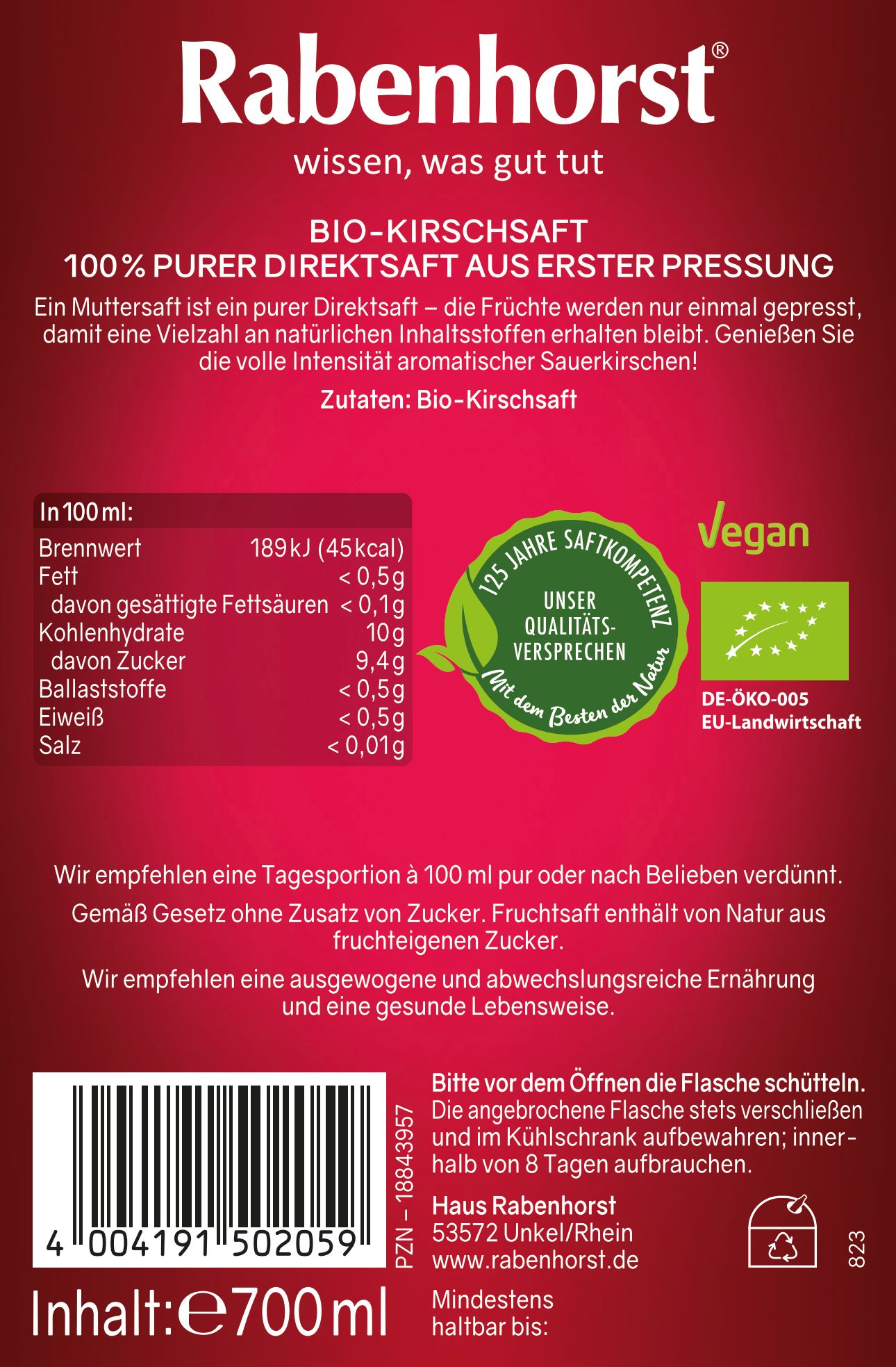 Rabenhorst Sauerkirsche Muttersaft BIO 6x700 ml Saft