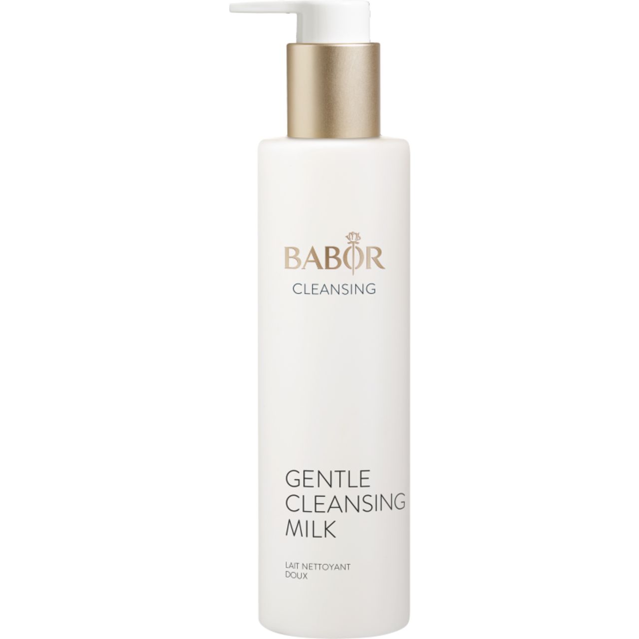 Weiße Flasche mit goldfarbenem Pumpkopf. Aufschrift: BABOR CLEANSING, GENTLE CLEANSING MILK.