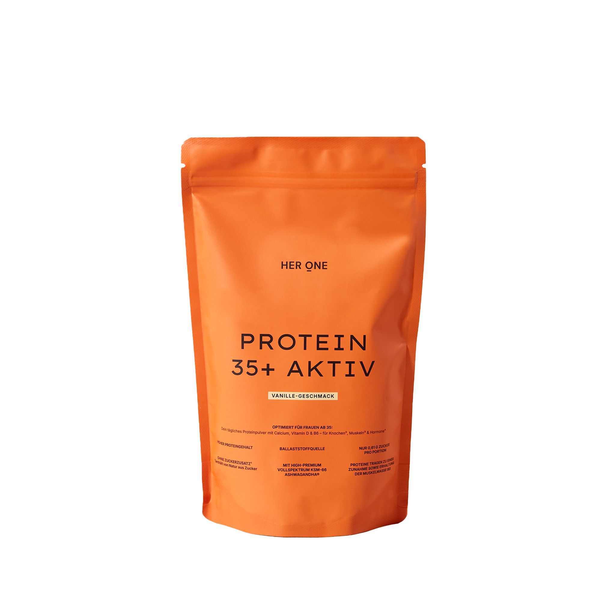 Orangefarbene Verpackung mit Aufschrift HER ONE, PROTEIN 35+ AKTIV. Vanille-Geschmack. Beutel mit Standboden.
