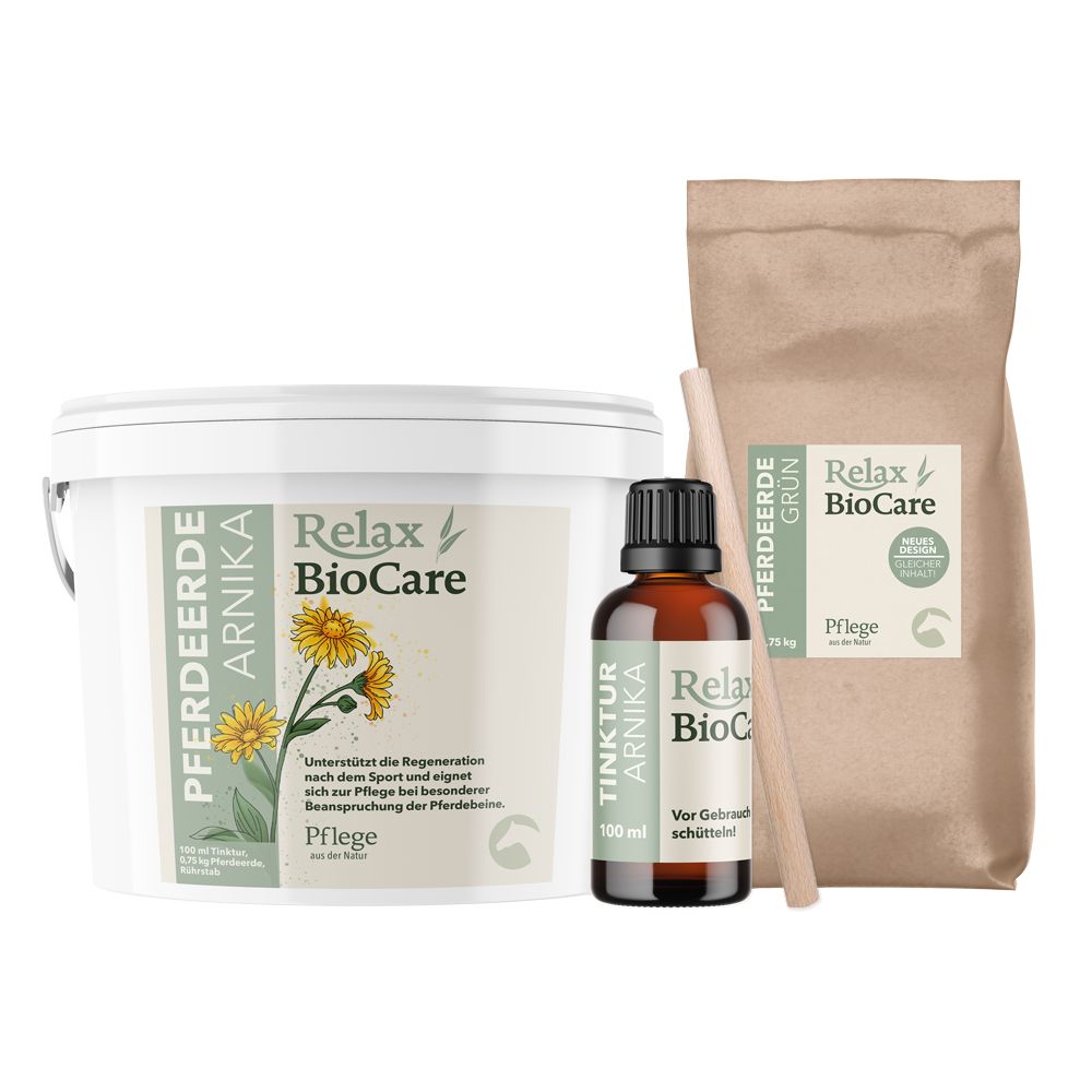 Drei Produkte: Eimer, Flasche und Papiertüte. Aufschrift: Relax BioCare Pferdeerde Arnika. Flasche: Tinktur Arnika. Papiertüte: Pferdeerde Grün.