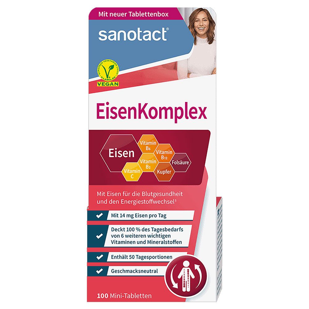 Sanotact Eisen Komplex direkt Mini Tabletten. Verpackung mit Produktinformationen, Vegan-Siegel. 100 Mini-Tabletten. Enthält Eisen, Vitamine.