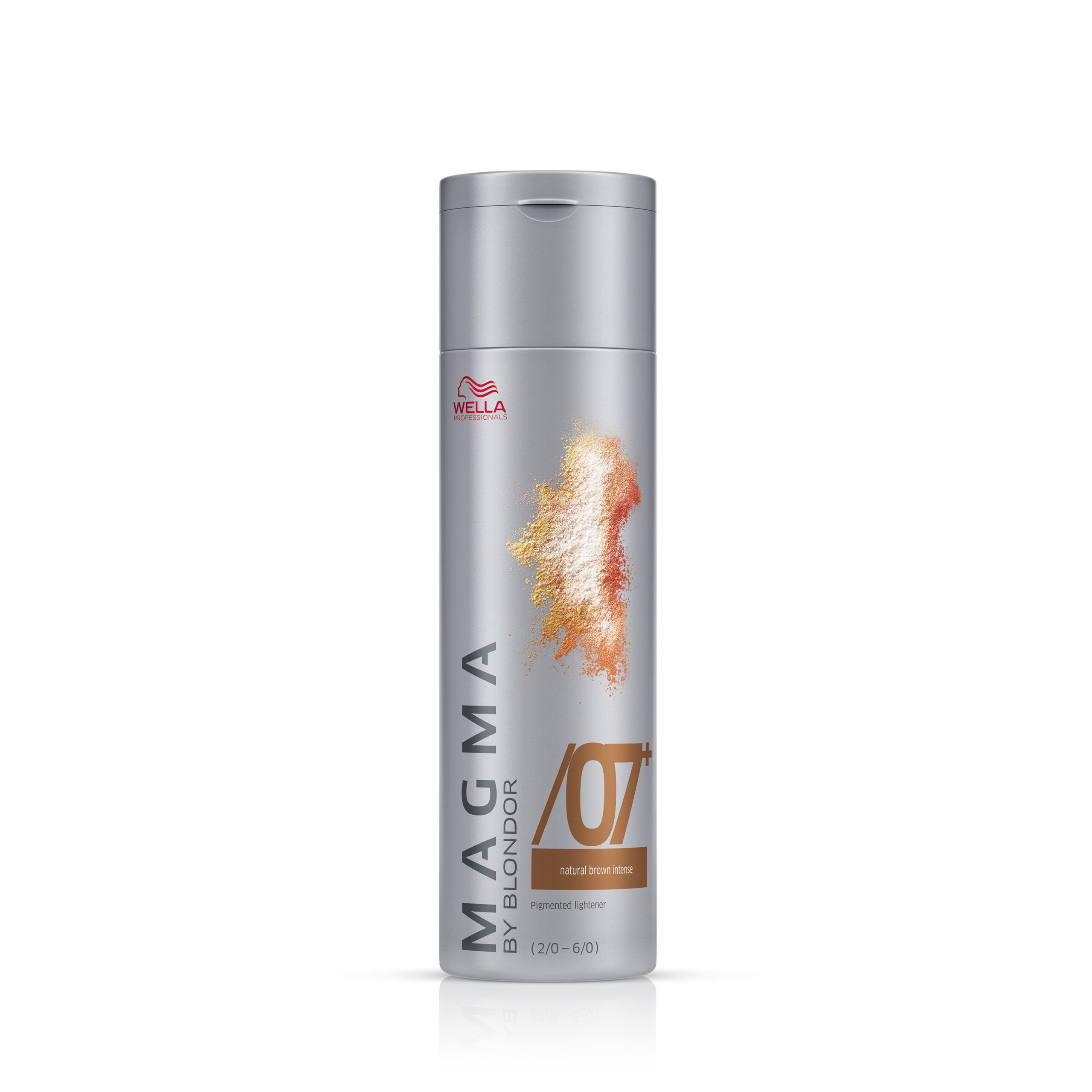 Silberne Flasche mit Wella-Logo und Produktbezeichnung Magma /07 Naturbraun intensiv. Farbige Grafik.