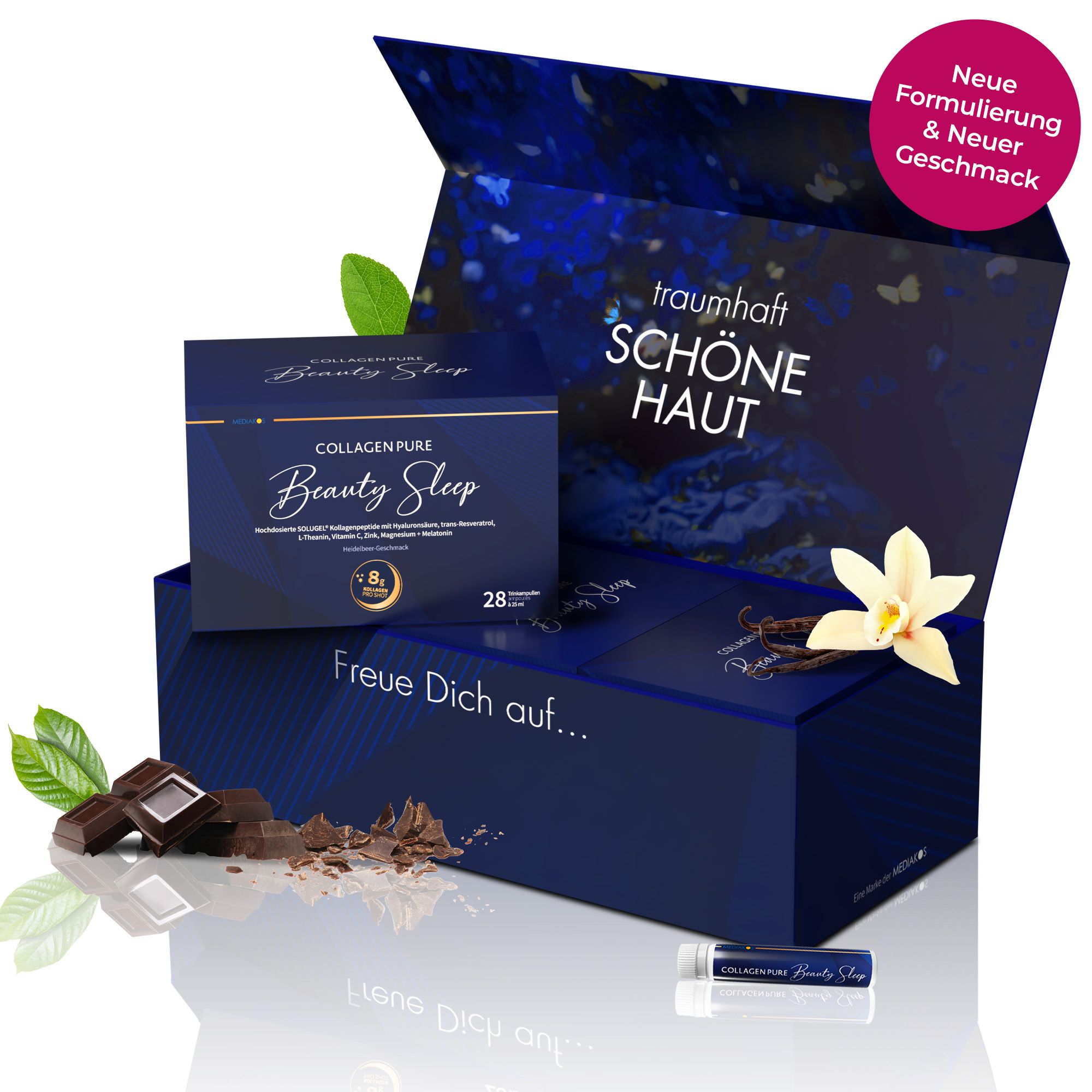 Geöffnete Box mit 'COLLAGEN PURE Beauty Sleep' Schachtel und Ampulle. Text: 'traumhaft SCHÖNE HAUT'.
