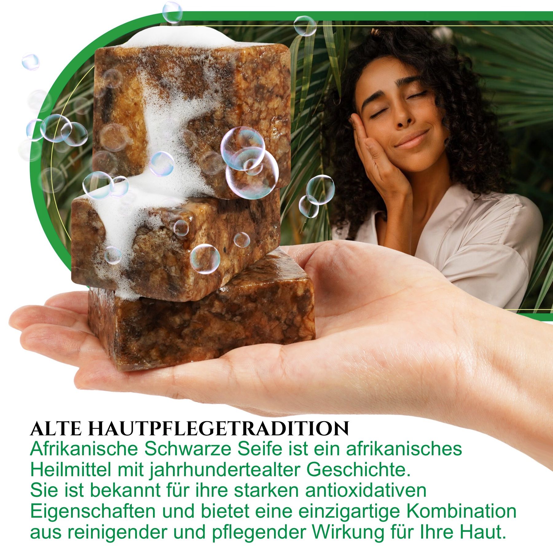 Hand hält drei Stücke schwarze Seife. Text: Alte Hautpflegetradition. Afrikanische schwarze Seife.