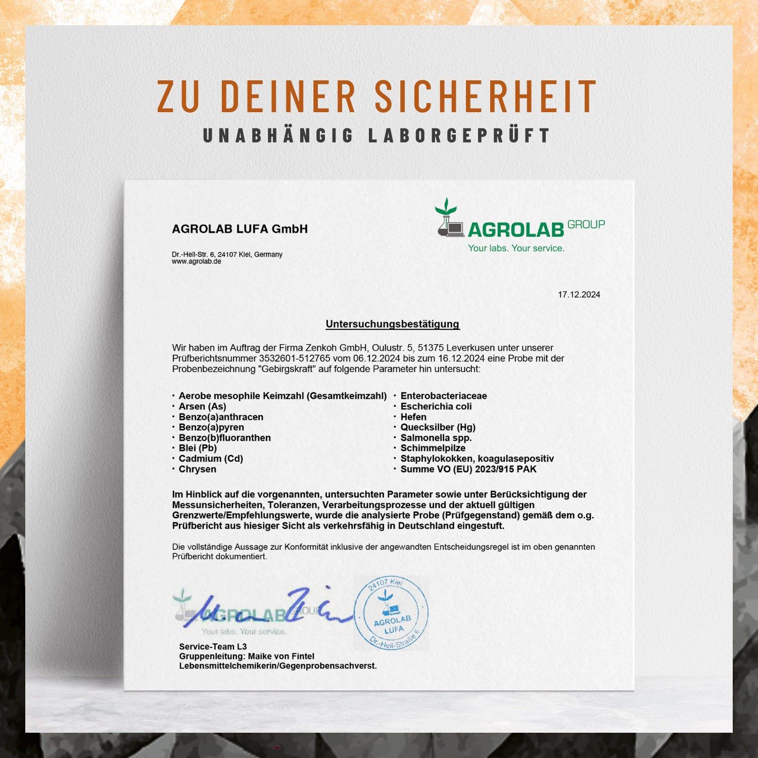 Zertifikat von AGROLAB LUFA GmbH. Unabhängig laborgeprüft. Enthält Informationen zu untersuchten Parametern.