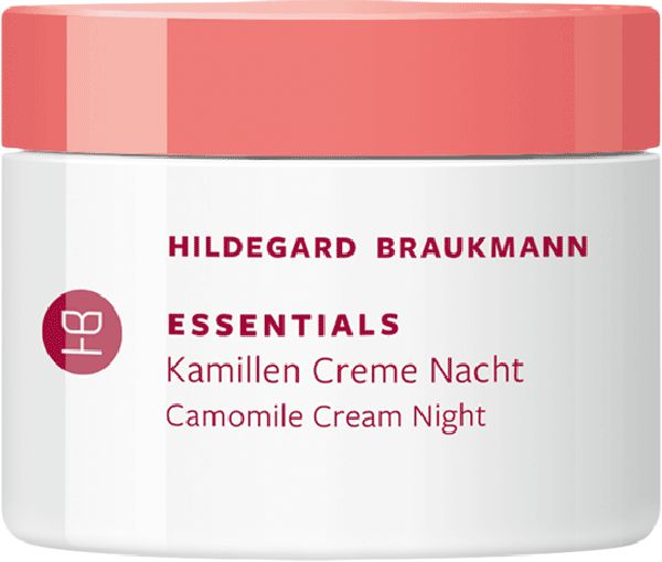 Creme-Tiegel mit rosa Deckel. Aufschrift: Hildegard Braukmann, Essentials Kamillen Creme Nacht. Weißes Gefäß.