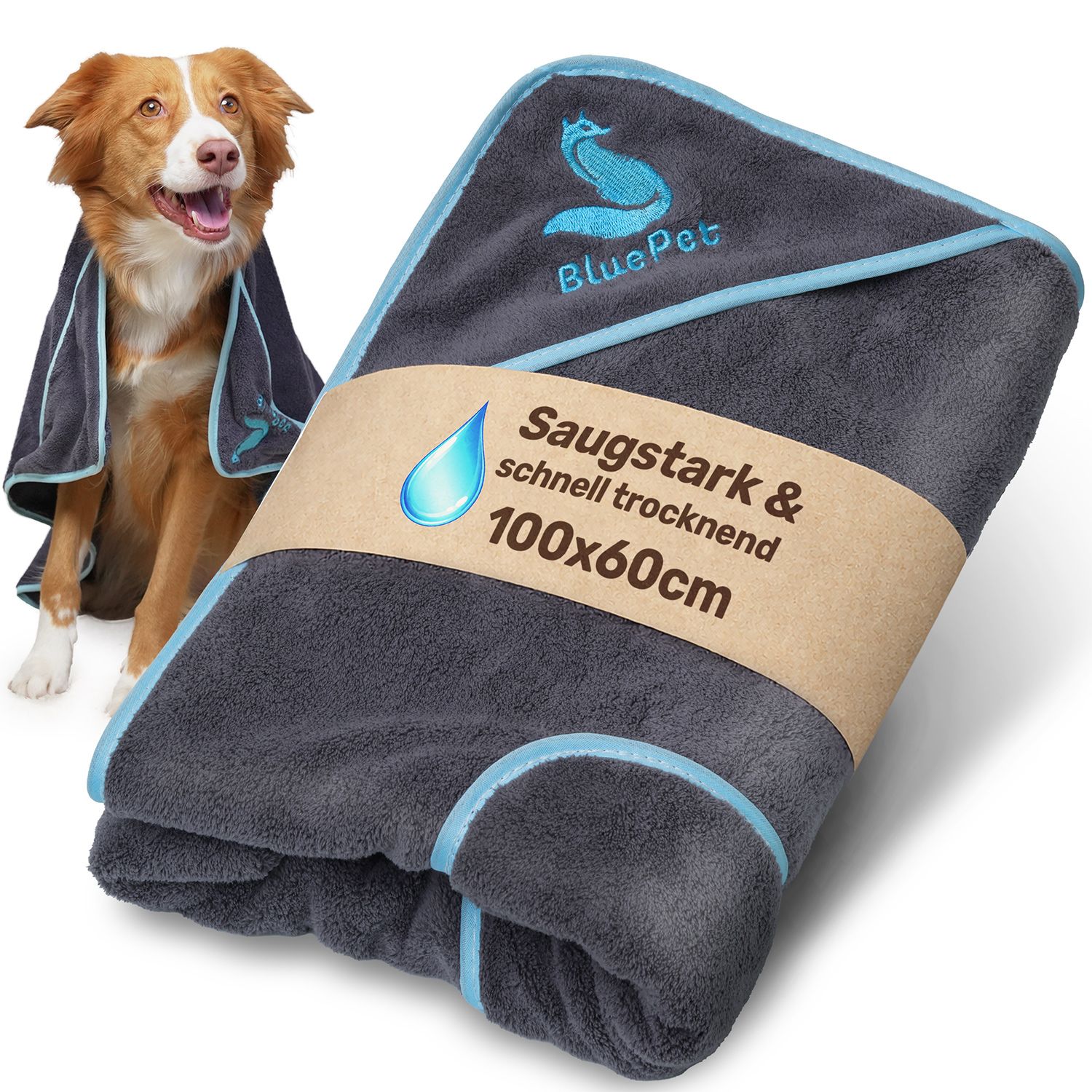 Graues Hundehandtuch mit Kapuze, blauem Rand und Logo BluePet. Aufschrift: Saugstark & schnell trocknend, 100x60cm.