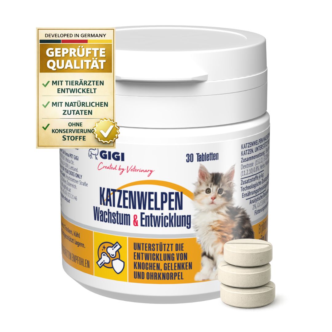 Weiße Dose mit Tabletten. Aufschrift: Katzenwelpen Wachstum & Entwicklung. Text: 30 Tabletten. Logo: GIGI. Geprüfte Qualität.