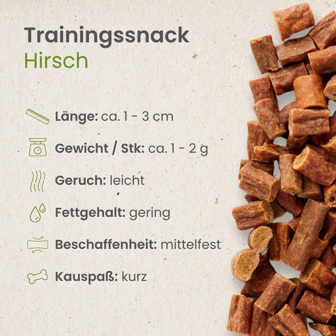 Hundeleckerli mit Hirschgeschmack, ca. 1-3 cm lang.
