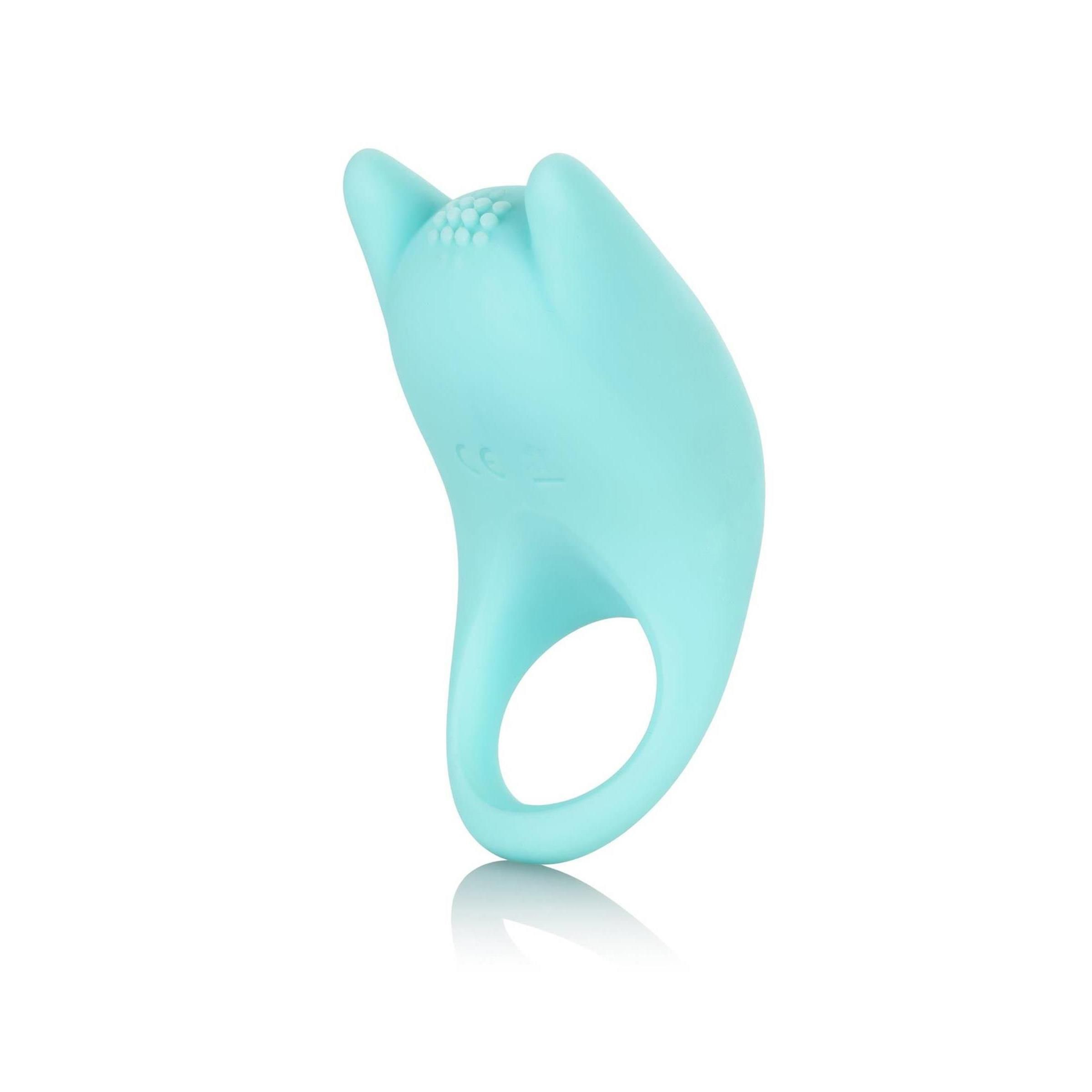 Türkisfarbener Ring-Vibrator. Mit zwei Erhebungen und einem Ring. Aus Silikon.