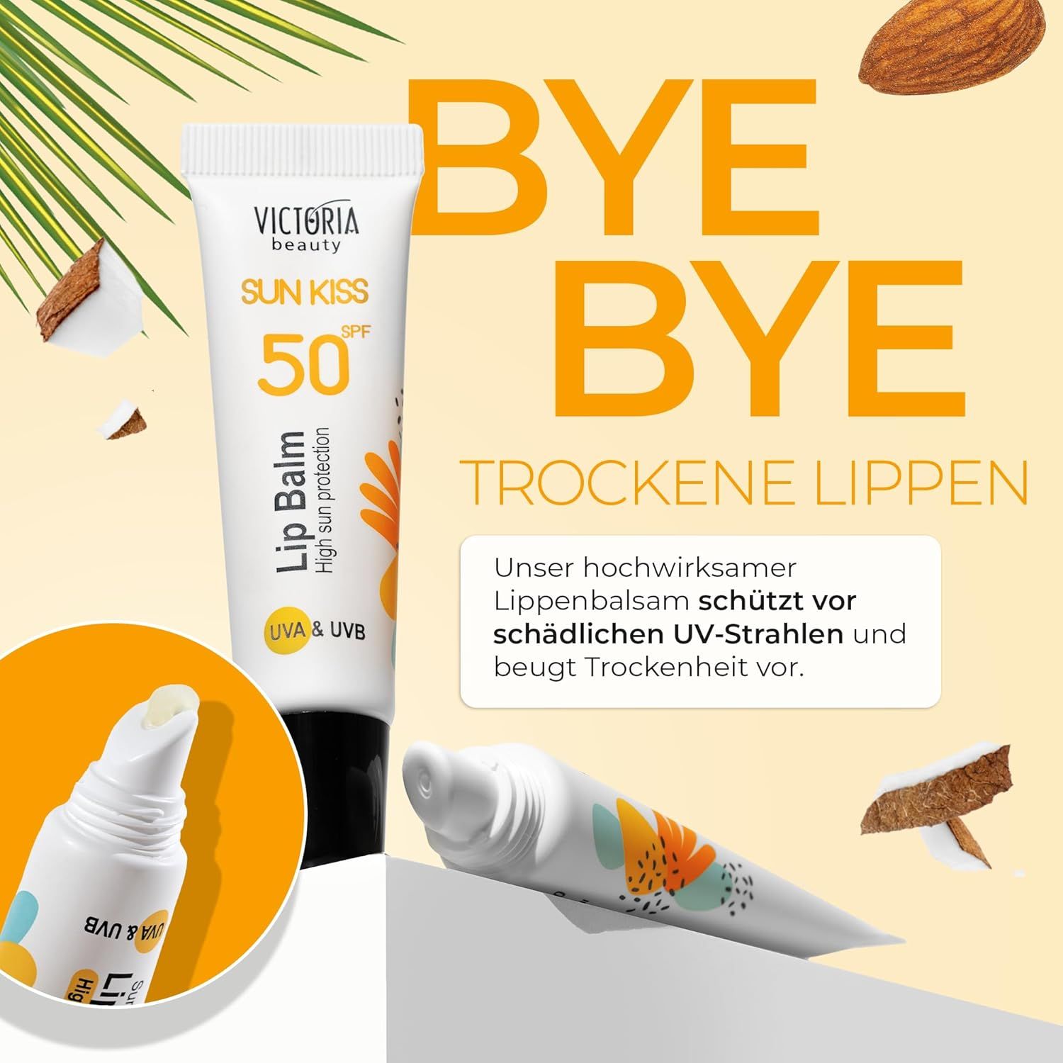 Victoria Beauty Lippenbalsam, Sonnenschutz LSF 50. Tube und Produkt. Text: Bye Bye trockene Lippen. Schützt vor UV-Strahlen.